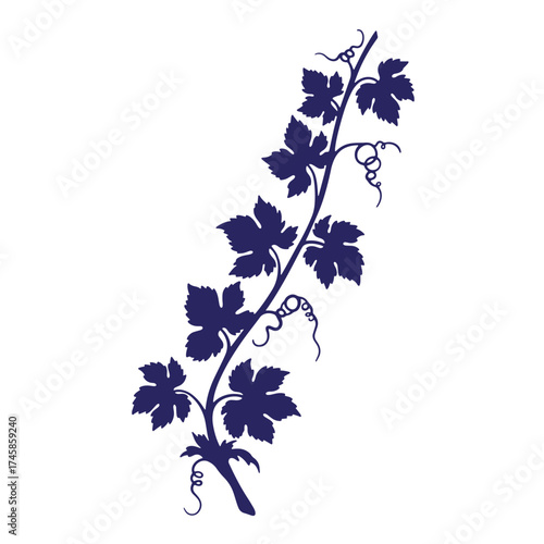 Elegant vintage illustration of a grape vine with leaves and tendrils in blue