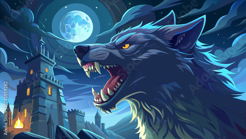 Very beautiful   close up A fierce wolf howls at a full moon in a dark, medieval castle setting with flickering candles