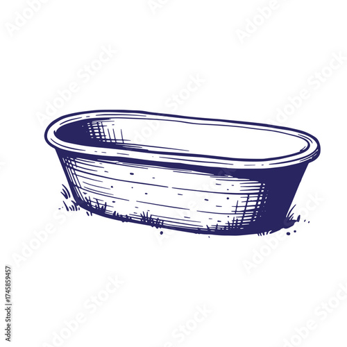 Hand drawn illustration of a vintage bathtub with an antique style and grassy detail