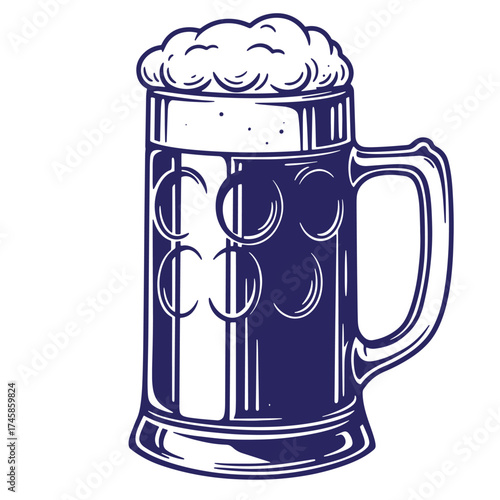 Illustrated vintage beer mug with foamy head isolated on white background