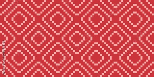 Vector geometric traditional ethnic ornament. Elegant Christmas seamless pattern. Pink and red ornament with folk motif. Simple background texture with squares, embroidery style. Repeating geo design