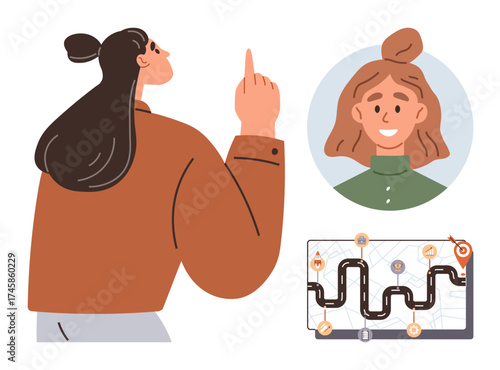 Woman pointing while a digital map with checkpoints and a face portrait are shown. Ideal for navigation, guidance, planning, teamwork, remote collaboration, communication, simple flat metaphor