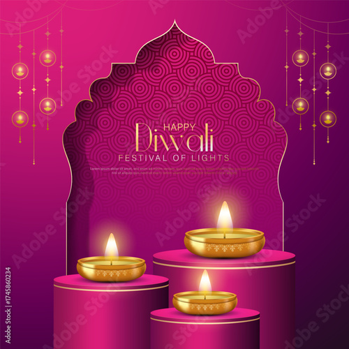 Happy Diwali - Vibrant Festival of Lights Celebration Background Poster Design With Decorative Diya.Indian Hindu Light Festival. Holiday Background. Vector Illustration.