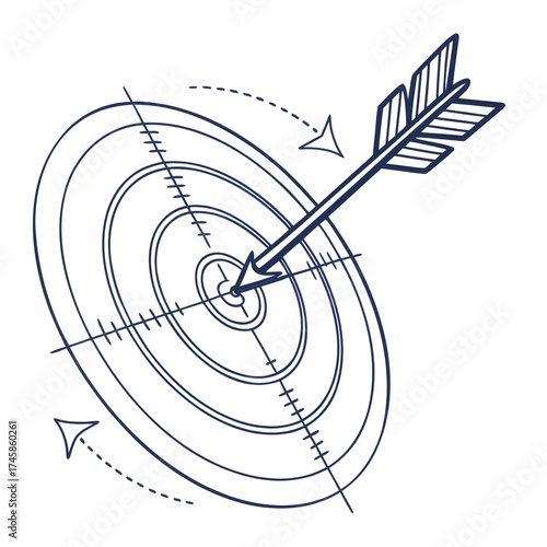 Technical Blueprint Line Art of an Arrow Hitting a Target