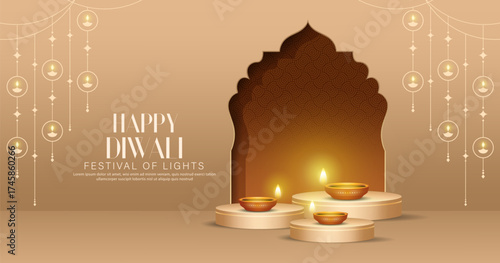 Happy Diwali - Vibrant Festival of Lights Celebration Background Poster Design With Decorative Diya.Indian Hindu Light Festival. Holiday Background. Vector Illustration.