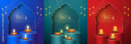 Happy Diwali - Vibrant Festival of Lights Celebration Background Poster Set Design With Decorative Diya.Indian Hindu Light Festival. Holiday Background. Vector Illustration.