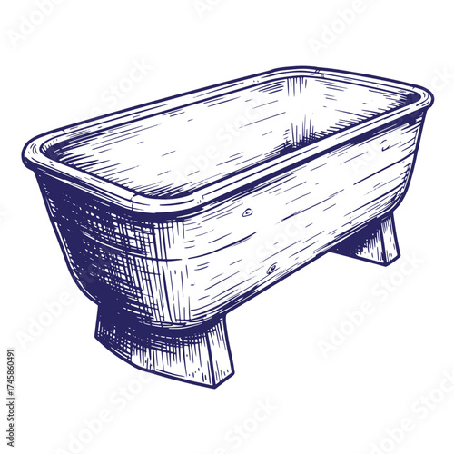 Vintage hand drawn bathtub illustration showing the outline and texture of an antique fixture