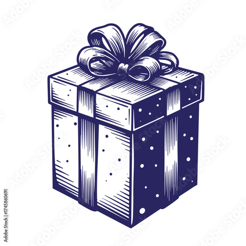 Vintage hand drawn illustration of a beautifully wrapped gift box with elegant ribbon bow