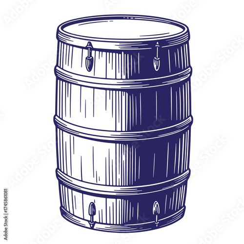 Vintage hand drawn illustration of a wooden barrel in a classic engraved style