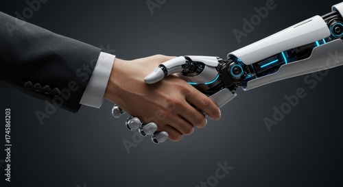 Human and Robotic Hand Shaking, Symbolizing Collaboration Between AI and Humanity in the Future of Technology