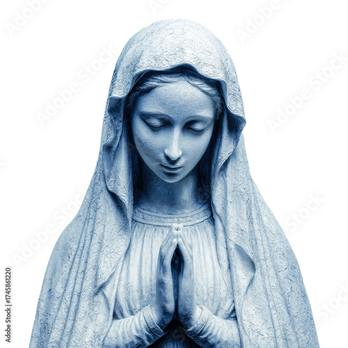 Detailed blue statue of Virgin Mary praying in contemplation and peace