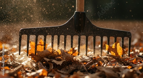 Rake gathering fallen leaves during yard cleanup in autumn sunlight  