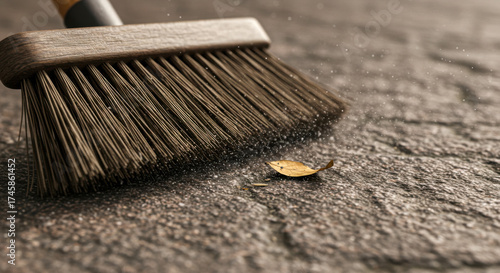 Broom sweeping fallen leaves on textured surface for yard cleanup  