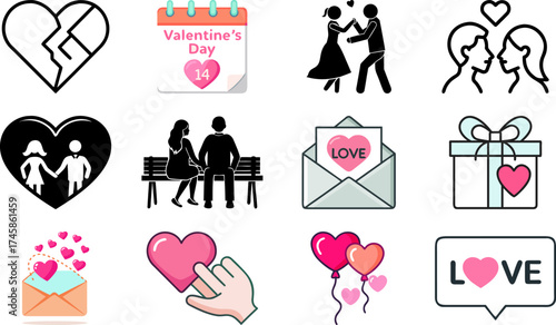A collection of various love-themed icons perfect for Valentine's Day and expressing affection