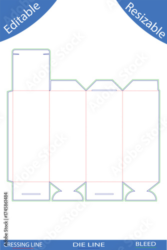 Tall packaging box die cut template with angled flaps and red creasing lines