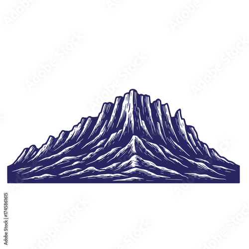 Vintage hand drawn vector illustration of a majestic mountain landscape icon in blue color