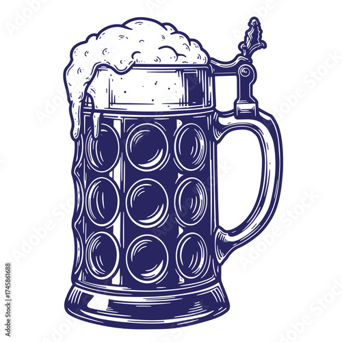 Vintage illustration of a large beer stein overflowing with fresh frothy brew