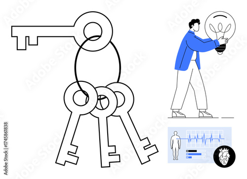 Keys on a ring paired with a person holding a glowing bulb and health data visuals. Ideal for problem-solving, innovation, health, technology, creativity, research, solutions, simple flat metaphor