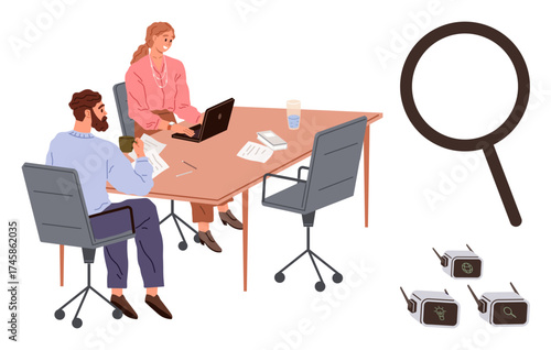 Two colleagues discussing ideas at a table with laptops and documents, accompanied by a magnifying glass and search-related icons. Ideal for teamwork, research, technology, innovation, analysis