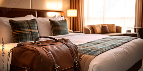 Brown travel bags stand on a made bed in a bright hotel room. The cozy interior, soft morning light streaming in from the window, evokes the atmosphere of the beginning of a journey.