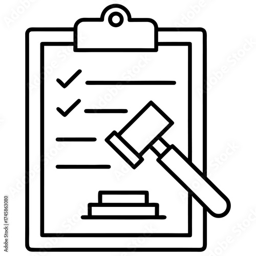 Rules and Regulation Icon – Clipboard with Checkmarks and Gavel Line Art