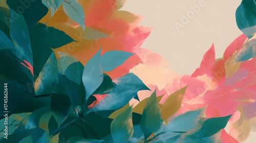 Painting of a tree with green leaves and pink flowers