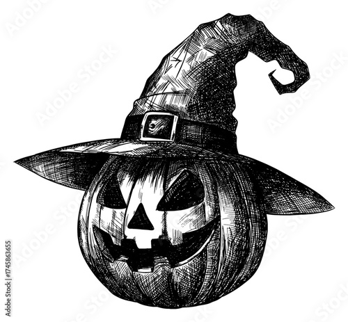 halloween pumpkin carved jack-o'-lantern face crooked witch hat with buckle isolated hand drawn sketch jagged mouth card design greeting seasonal element line art detailed vector illustration