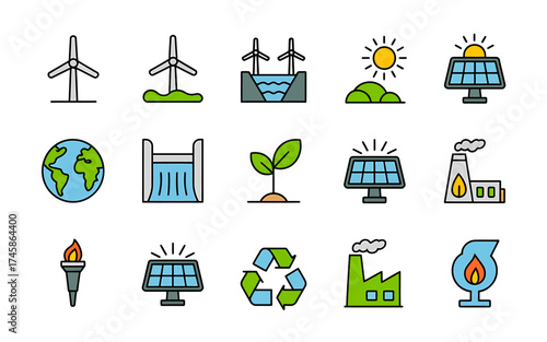Minimalist line art icons for renewable energy sustainability and environmental concepts collection