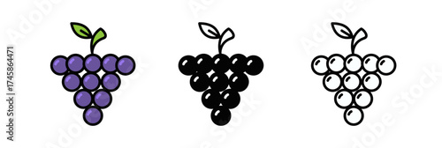 Three Bunches of Grapes in Different Styles on a White Background