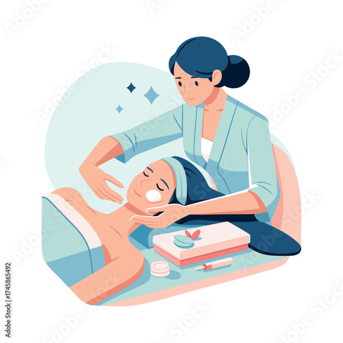 Beauty spa, woman receiving facial care. Skincare treatment with creams and massage in relaxing atmosphere. Perfect for wellness, cosmetology, and spa concepts. Vector illustration isolated on white.