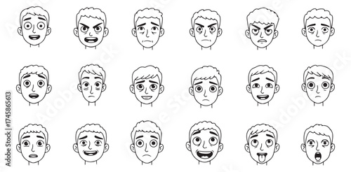 Collection of cartoon faces displaying various emotions in a black and white line drawing style