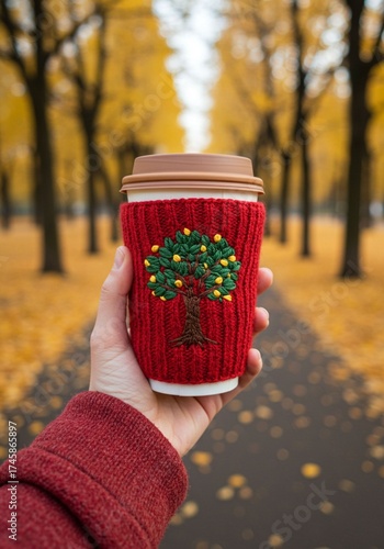 Cozy Hand Holds Red Knit Coffee Cup Sleeve With Embroidered Tree In Autumn Park