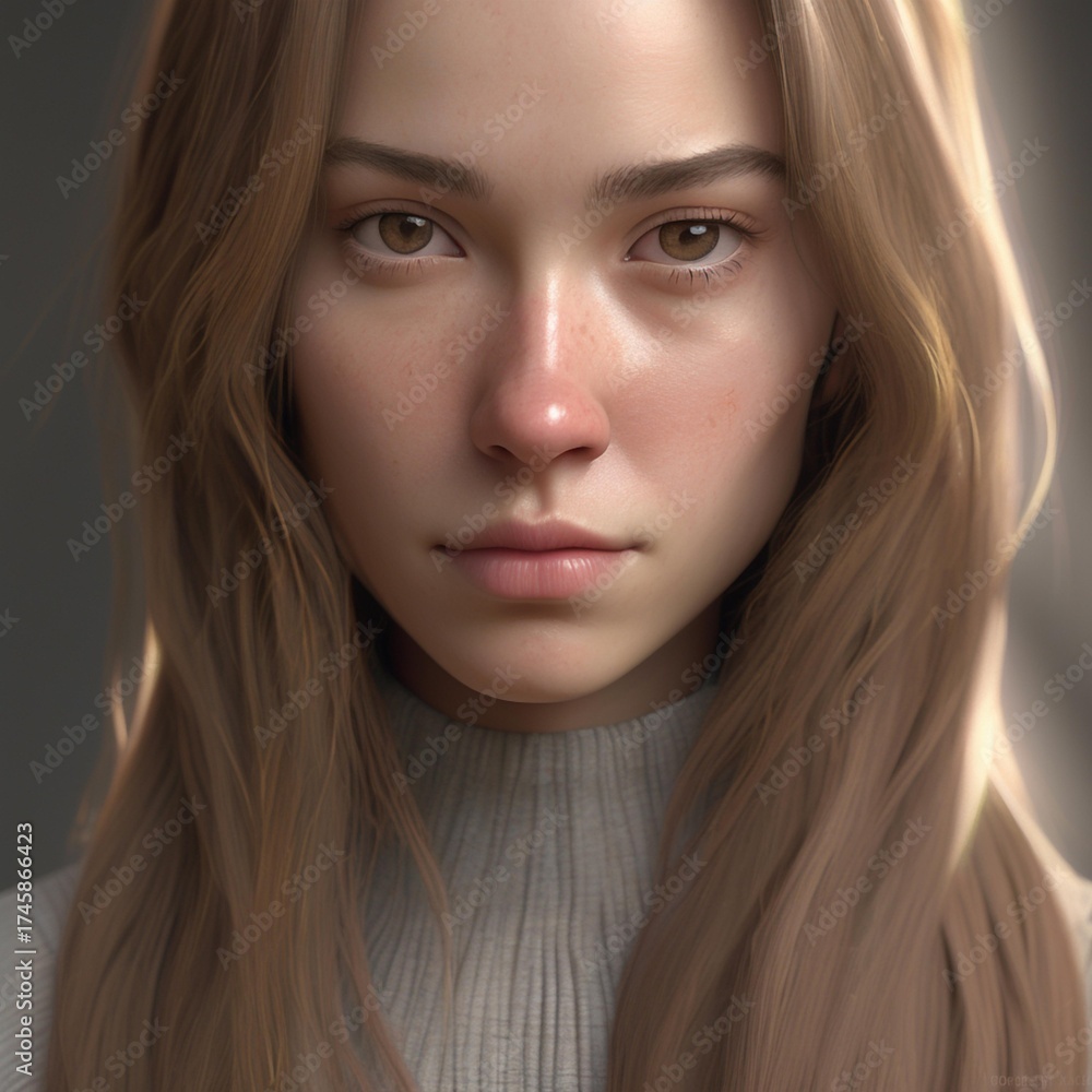 Naklejka premium A highly detailed, hyper-realistic close-up portrait of an AI-generated human face. This digital artwork features lifelike skin textures, expressive eyes, and natural lighting.