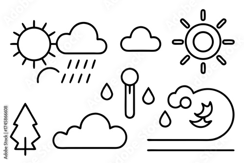 Minimal Weather and Climate Outline Icons Set | Line Art Vector Illustration on White Background