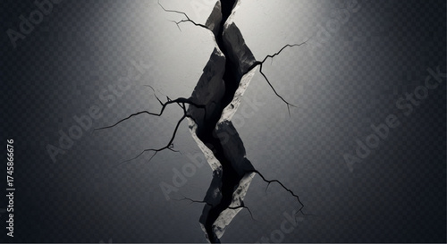A dramatic close-up reveals a deep, jagged crack rending a stark surface, creating a visual metaphor for division, disruption, or destruction. It conveys a sense of fragmentation.