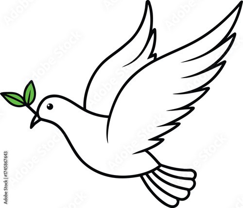 Simple line drawing of a white dove flying with a green olive branch in its beak symbolizing peace and hope