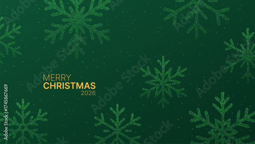 Merry Christmas 2026 greeting card with sparkling green snowflake pattern on dark background. Holiday season celebration concept.