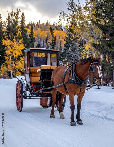 Horse-drawn carriage on snowy mountain road.  Autumn foliage surrounds