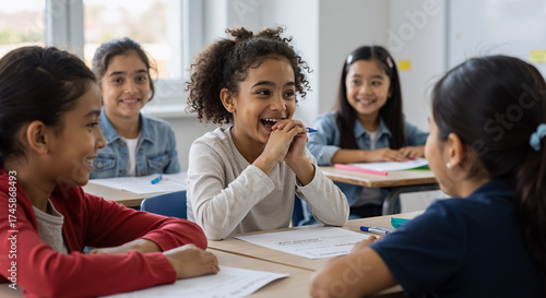 diverse group of young students laughing and learning together in a classroom