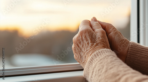 Elderly woman's hands resting on a window sill at sunset  