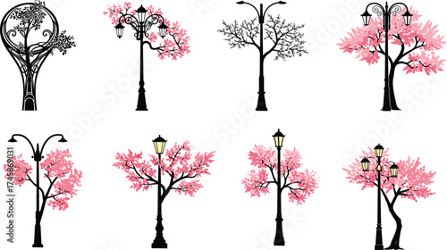 street, lamp, cherry, blossom, tree, silhouette, ornate, decorative, lantern, pole, urban, outdoor, city, architecture, design, vector, illustration, public, lighting, infrastructure, scenery