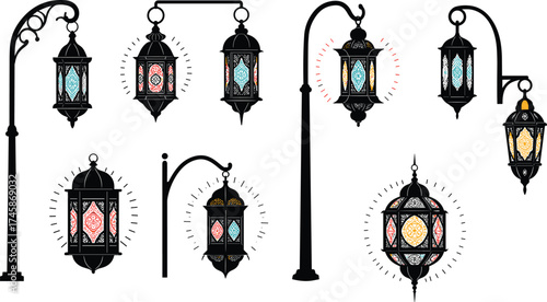street, lamp, stained, glass, lantern, silhouette, ornate, decorative, colorful, vintage, pole, urban, outdoor, city, architecture, design, vector, illustration, cultural, lighting, scenery