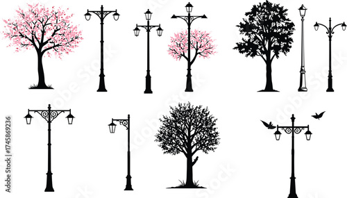 tree, street, lamp, silhouette, ornate, decorative, vintage, lantern, pole, urban, outdoor, city, architecture, design, vector, illustration, public, lighting, infrastructure, scenery, birds