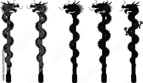 dragon, pole, silhouette, artwork, design, illustration, abstract, mythical, creature, fantasy, sculpture, vector