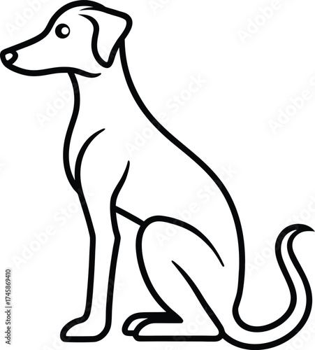 Elegant line drawing of a graceful greyhound dog sitting calmly and looking to the side