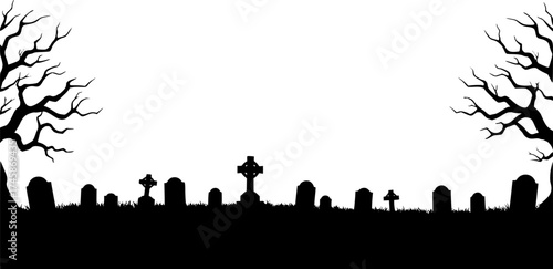Horizontal banner with black silhouette of cemetery and trees on a white background. Nightmare landscape. Halloween vector illustration for sticker, banner, invitation, poster	