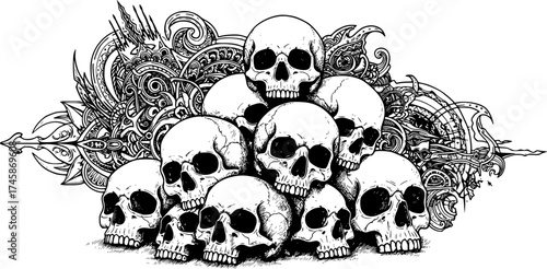A pile of skulls human skulls with many shaped background tattoo hand drawing vectors art lines	