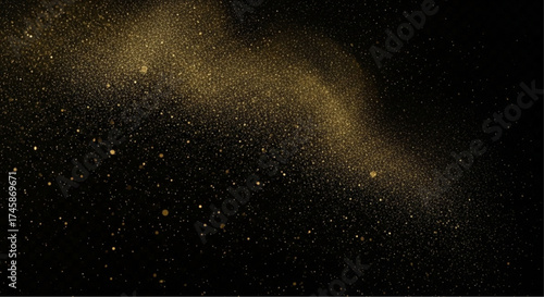 Abstract golden dust particles cascade through a dark, cosmic expanse, creating a sense of ethereal wonder and mystery. The image suggests a journey into the unknown.
