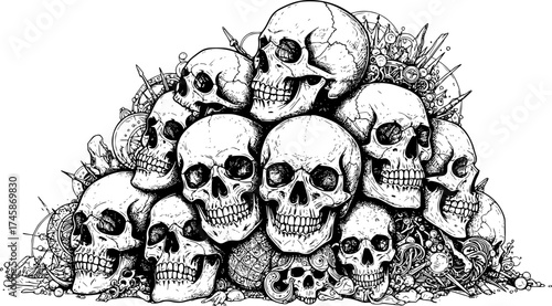 A pile of skulls human skulls with many shaped background tattoo hand drawing vectors art lines	