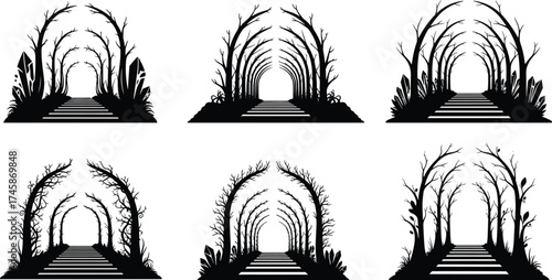 Tree tunnel pathways with arching branches, decorative silhouette illustration, natural outdoor walkway design, artistic vector collection, black landscape background
